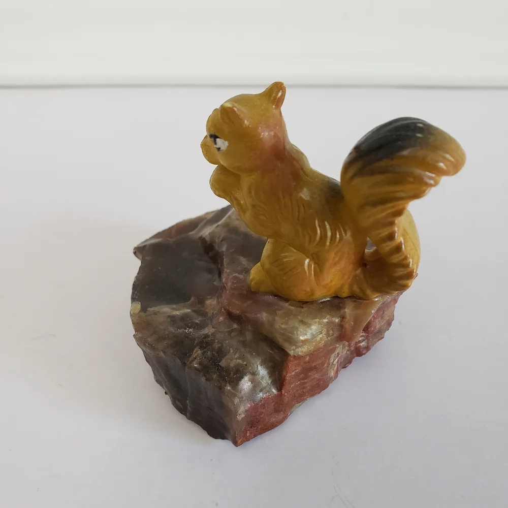 Vintage Squirrel Figurine on Natural Stone Base Ceramic Resin Collectible Decor